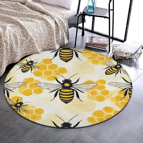 Soft Round Yoga Carpet, Large Home Decor Mat, Non Slip Machine Washable Kitchen Office Circle Rug Yellow Bee