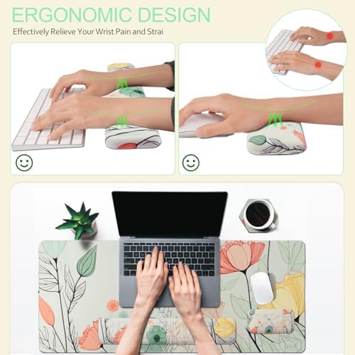 Petmolico 4-in-1 Wrist Rest Set with Desk Pad, Light Brown Big Flower