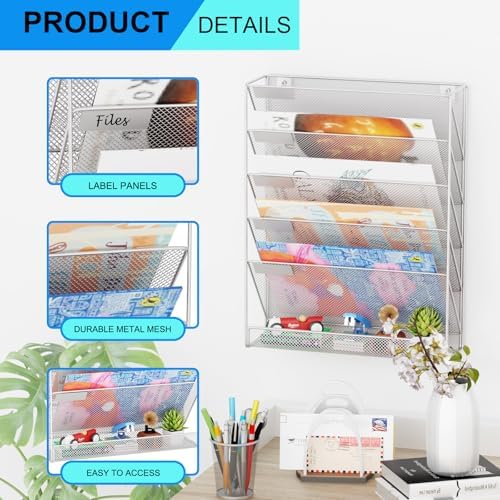 Wall File Organizer Holder Mesh Hanging Paper Document Holder, Vertical 6 Pocket Tier for Office Home, Silver