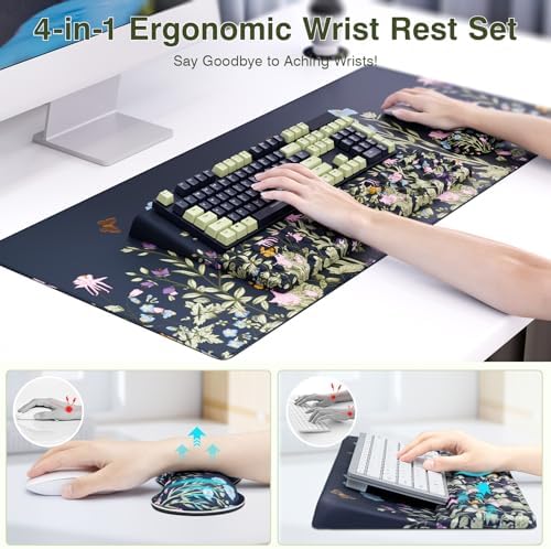 Ospelelf Keyboard Wrist Rest Stand Pad and Ergonomic Mouse Pad Set with Large Mousepad, Memory Foam Comfort, Premium Office Desk Accessories for Pain Relief, Moonlit Blossoms