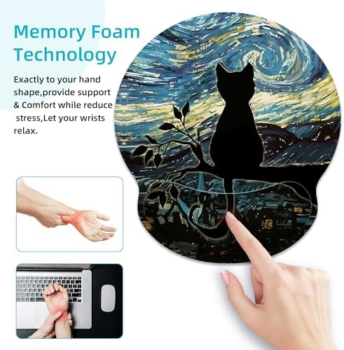 Aesthetic Black Cat Ergonomic Mouse Pad with Wrist Rest for Desk Work