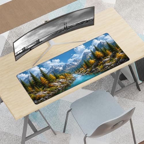 Mountain River Gaming Mouse Pad,Nature Large Desk Mat, 31.5x11.8x0.12in Extended Non-Slip Rubber Landscape Mousepad, Computer Deskmat Gifts, Laptop Mice Pads Decor for Office Home