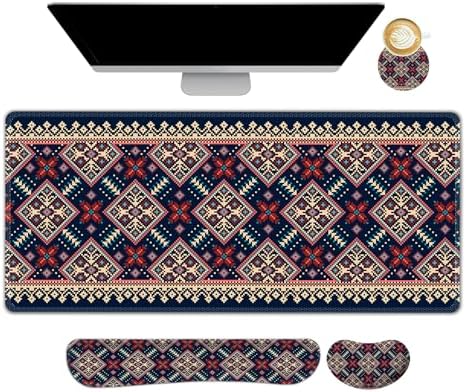 AIMSA Desk Mat Set Bohemian, Large Mouse Pad + Mouse Wrist Rest + Keyboard Wrist Support + Coaster, Navy Blue Gaming Mouse Pad Combo for Home Office