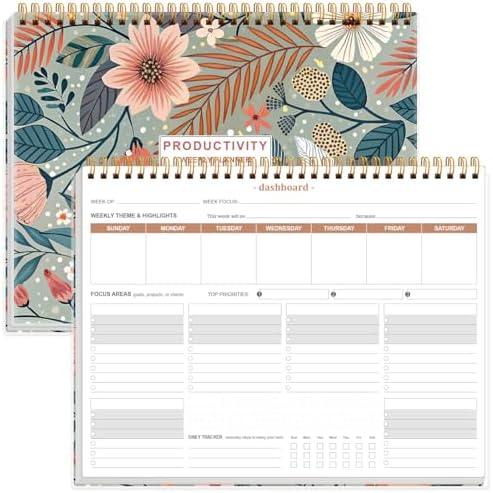 Weekly Productivity Planner - 8.5" x 11" Dashboard Desk Notepad Has 6 Focus Areas to List Tasks for Goals, Projects, Clients, Academic or Meal-Organize Your Daily Work Efficiently, 54 Weeks, Flower-A