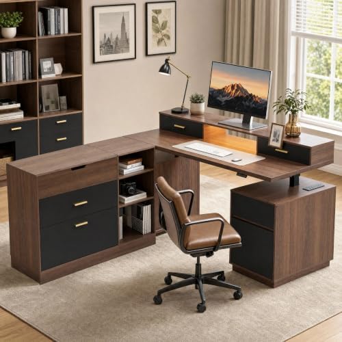 ModernMate 63" L Shaped Electric Standing Desk with 6 Drawers File Cabinet
