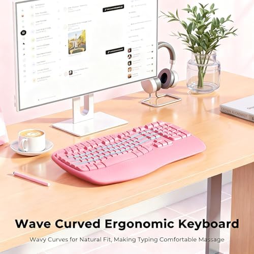 MEETION Wireless Ergonomic Keyboard, Wave Keys with Wrist Rest, Pink