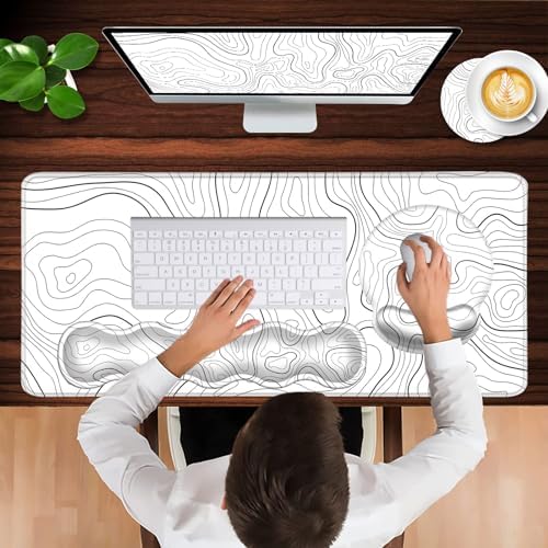 Mouse Pad,Large Pink Desk Mat, 4in1 XXL Mousepad + Keyboard Wrist Rest+Mouse Wrist Rest+Coaster Set with Ergonomic Desk Pad for Home Office Table Computer-Minimalist Topographic Map