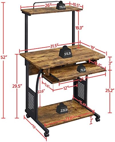 Topeakmart 2-Tier Rolling Desk with Printer Shelf & Keyboard Tray, Rustic Brown