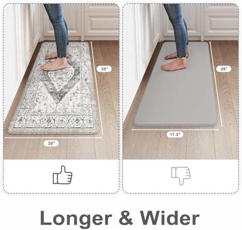 KIMODE Kitchen Mats Cushioned Anti Fatigue, Boho Vintage Kitchen Rugs Grey
