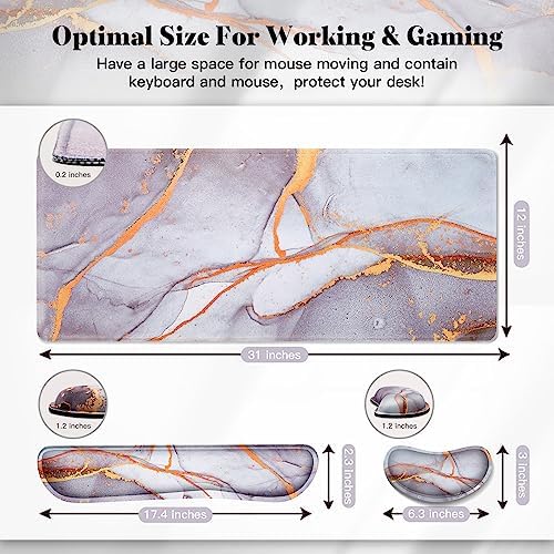 Gimars 4 in 1 Mouse Pad and Keyboard Wrist Rest Set, Large Mouse Pad with Memory Foam Wrist Support Pad for Desk with Coaster, Easy Typing Pain Relief, Gaming Office Home, 31.5x12 inch, Gray Golden