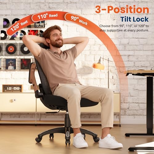 GABRYLLY Ergonomic Office Chair, High Back Home Desk Chair with Flip-Up Arms, 3D Headrest, 90-120° Tilt and Wide Cushion Seat, Big and Tall Computer Chairs for Man Woman, Mesh Chair Black Woodgrain