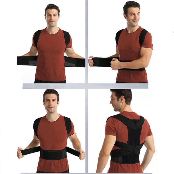 Posture Corrector Back Brace, Adjustable Velcro Straps, support women men, pain neck shoulder, belt para lower relief lumbar bra, Spine and Shoulder Support, Black, Unisex Adjustable
