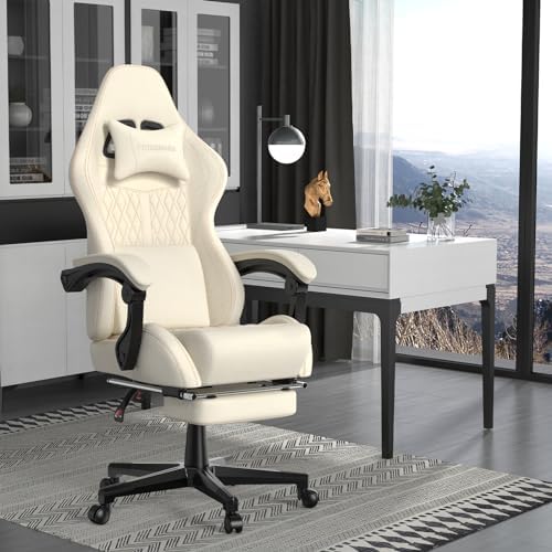 Ferghana Vintage PU Leather Gaming Chair - High Back Massage, Ergonomic Computer Office Chair with Footrest - Racing Style Reclining Beige Gaming Seat