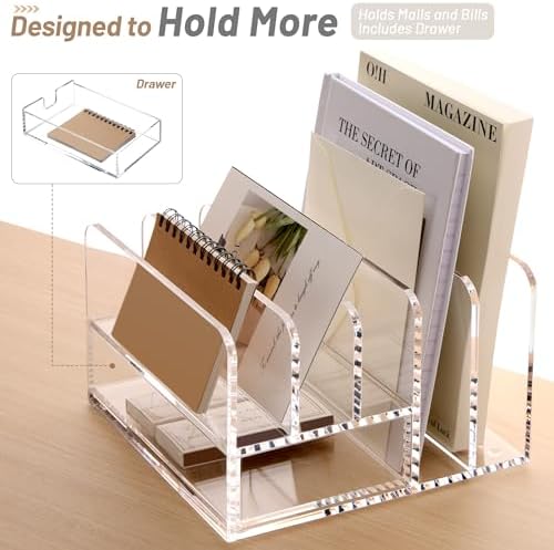 SANRUI Clear Acrylic Mail Organizer with 5 Compartments and 1 Drawer