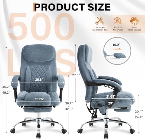 500LBS Massage Office Chair, Reclining 6 Points Vibration and Heat Desk Chair with Foot Rest, Ergonomic Executive Office Chairs, Comfy Wider & Thicker Seat, Big and Tall Gaming Chair, Fabric Blue