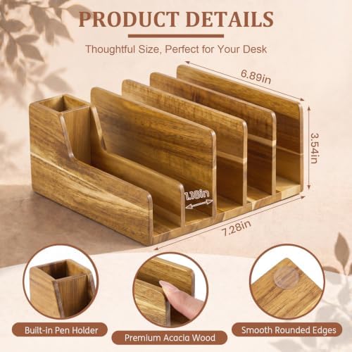 Novabright Acacia Wood Desk Organizer with Pen Holder, 6 Slot Mail Sorter