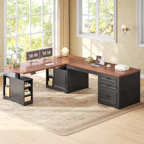 SEDETA Farmhouse L Shaped Standing Desk with Storage, Black+Brown