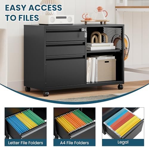 MIIIKO 3 Drawer File Cabinet with Lock, Metal Lateral Rolling Printer Stand Office Storage Filing Cabinets for Home Office,A4, Letter,File Folders(Black)