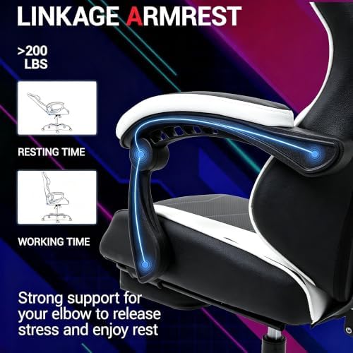 Gaming Chair with Footrest for Adults, PU Leather Massage Racing Video Game Chair with Lumbar Support for Men Women, Ergonomic Computer Gamer Chair for Home Office, Height Adjustable, White