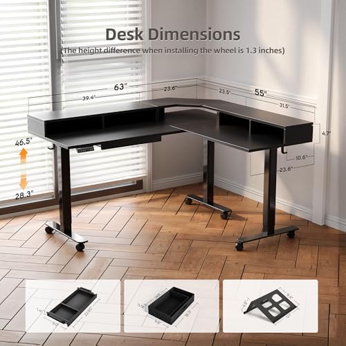 Claiks Dual Motor L Shaped Standing Desk with Drawers, 63inch, Black