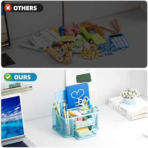 Marbrasse Mesh Desk Organizer, Pen Organizer with 2 Drawer, Multi-Functional Pencil Holder, Desk Organizers and Accessories with 5 Compartments + Drawer for Office Art Supplies (Blue)