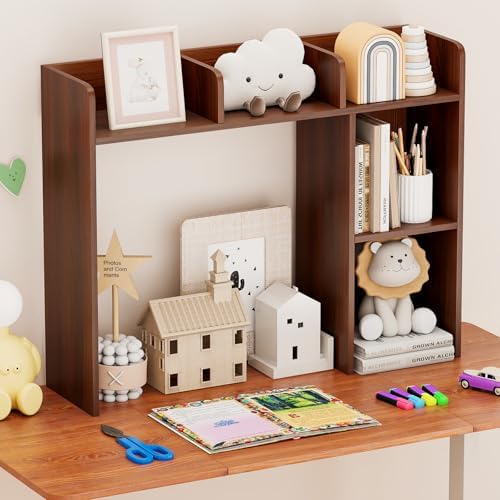 Tangkula Desktop Bookshelf, Countertop Storage Hutch with Shelves for Computer Desk, Desk 3-Tier Display Rack, Multipurpose Wood Desktop Hutch Storage Organizer for Dorm Office (Walnut)