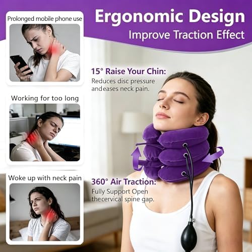 Inflatable Purple Cervical Neck Traction Brace, Adjustable Neck Stretcher for Instant Neck Pain Relief & Spine Decompression, Portable Design for Relax Your Neck Anytime Anywhere at Home Travel Office