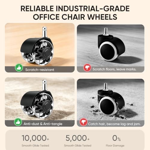 2 Inch Office Chair Wheels Set of 5,Smooth Quiet Roll,Heavy Duty Replacement Casters for Hardwood Floor & Carpet, Non-Marking PU Wheels (Black 5 Pack)