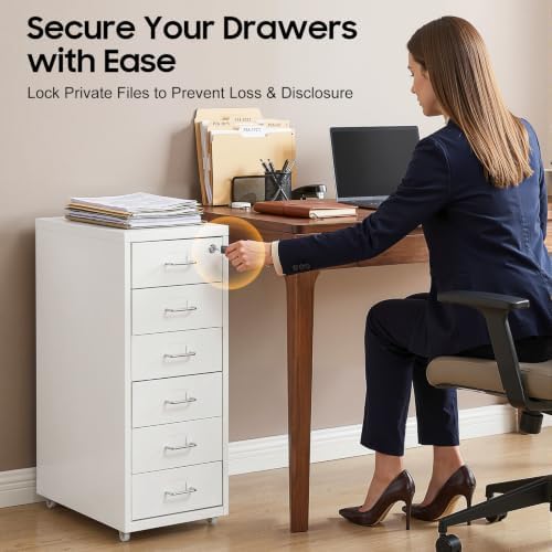 6 Drawer File Cabinet with Lock, Freestanding Filing Metal Drawers Organizer Vertical Metal Rolling Organizer Movable Under Desk Cabinet with Wheels for Home Office Living Room Study (6 Tiers White)