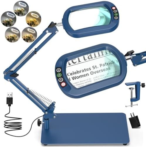 Drdefi 12X Square Magnifying Glass with Light and Stand, Real Glass LED Lighted Magnifier, 5 Color Modes Stepless Dimmable, Hands-Free Mag Desk Lamp with Clamp for Reading Craft Hobby Close Work Blue