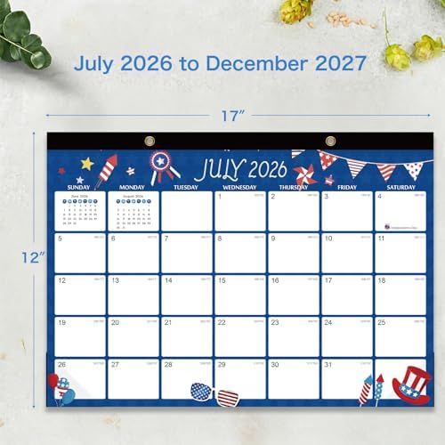 Desk Calendar 2026-2027 - 18 Month Desk Calendar july 2026-2027 Dec, 17" x 12", Large Monthly Desktop Calendar with Daily Blocks, Plastic Cover, Corner Protectors - (2 Stickers Included)