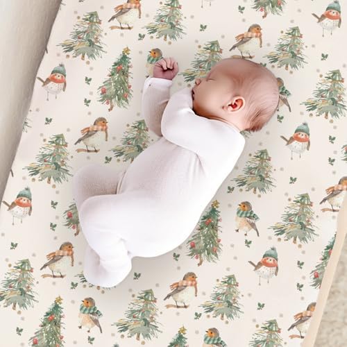 Cute Watercolor Christmas Birds Trees Leaves Pattern Baby Changing Pad Cover, Unisex Christmas Nursery Diaper Changing Table Pad Mat Sheet for Boys Girls-16x32