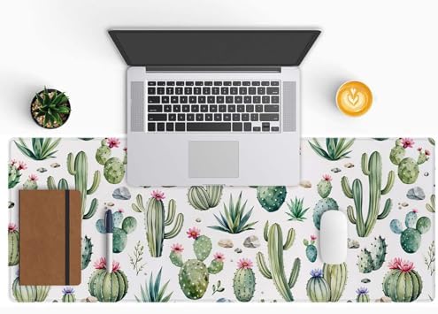 Large Gaming Mouse Pad with Stitched Edges, Desk Pad Extended Keyboard Mat, Non-Slip Rubber Base Mousepads for Laptop, Office, Home, 31.5X11.8 inch Watercolor Cactus and Flowers