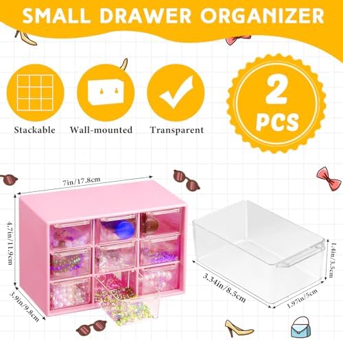 Wenqik 2 Pcs Mini Storage Drawers with 9 Clear Drawers, Rose Red