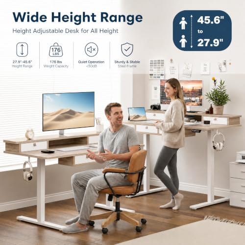 Grandder Electric Standing Desk with Four Drawers, Sit to Stand Up Height Adjustable Desk with Storage Shelf for Home Office, 55 * 28 Inch, Study, Ergonomic Adjustable Computer Desk, Maple
