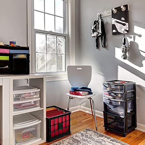 HOMZ Drawer Tower, 4-Tier Storage Cart with Removable Wheels, Black Frame