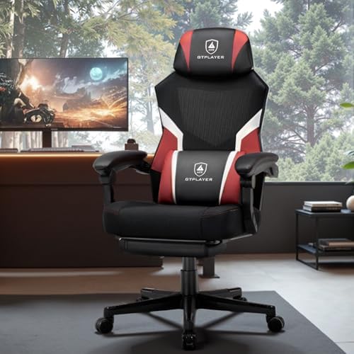 GTPLAYER Gaming Chair, Mesh Office Chairs with Footrest for Adults, Big and Tall Gamer Ergonomic Computer Chair with Height Adjustable (Red)