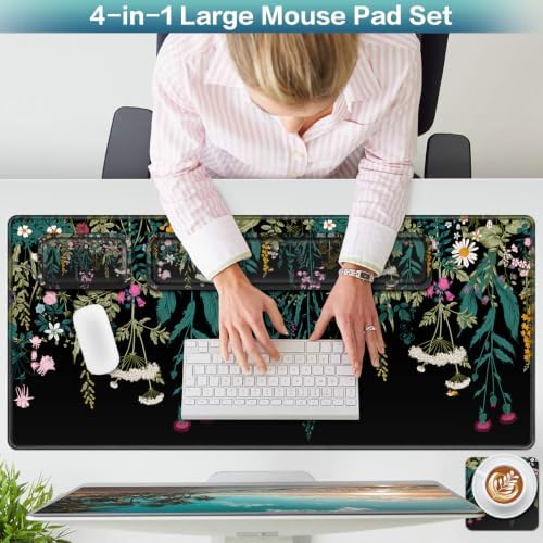 4 in1 Desk Mat, Large Gaming Mouse Pad with Wrist Rest Floral