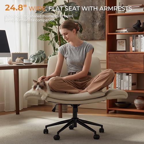 Dowinx Criss Cross Chair with Five-Level Adjustable Arms and Wheels - Comfortable Ergonomic PU Leather Swivel Vanity Chair - Computer Makeup Gaming Chair for Home Office, Bedroom, Vanity Room (Cream)