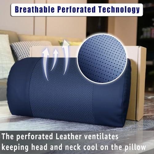 Breathable Perforated Leather Neck Pillow with Non-Slip Memory Foam, Adjustable Support for Recliners, Sofas & Loveseats, Navy Blue