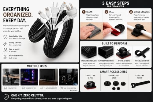 Cable Management Kit with Under Desk Raceway & 4 Long Cable Sleeves, Desk Cord Organizer with Cable Clips, Reusable Cable Ties & Cord Holders, Black