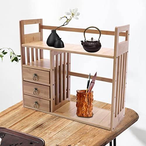 Bamboo Desk Book Shelf,Desktop Bookshelf Storage Rack Tabletop Standing Organizer Bookshelf with 3 Drawers,Freestanding Desk Bookcase for Home Dormitory Offices (Natural)