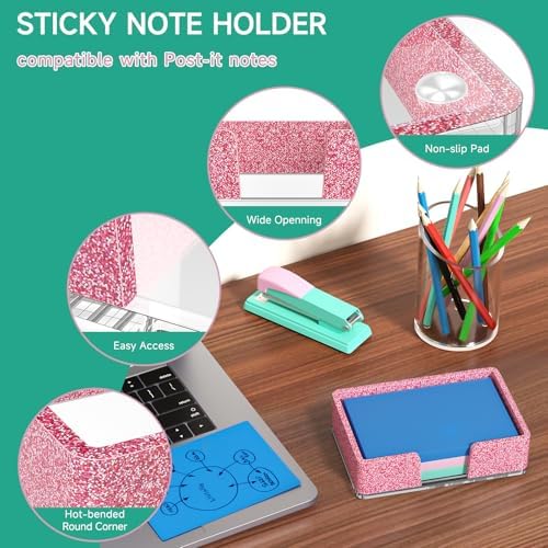 Sticky Note Holder, Glitter Pink Acrylic Notepad Holder 4x6 in Self-Stick Note Dispenser Office Desk Accessories, Memo Pad Holder Organizer for Classroom School Supplies