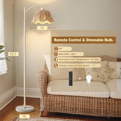 Oneach Rattan Floor Lamp for Living Room with 3 Color Temperatures, Boho Floor Lamp for Bedroom with Remote & Dimmable Bulb, Farmhouse Standing Lamp for Reading, Antique White