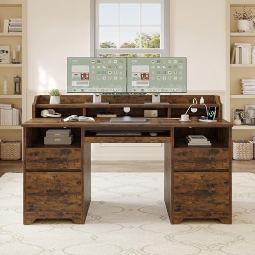 Bestier 59" Executive Desk with Charging Station & Monitor Stand, Brown