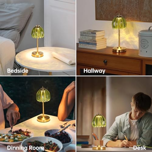 Shenmoyl Tulip Table Lamp with 5000mAh Battery & Touch Control, Cordless Table Lamp with 3 Colors, Dimmable Rechargeable Table Lamps for Bedroom, Nightstand, Living Room, Entryways (Green Tulip)