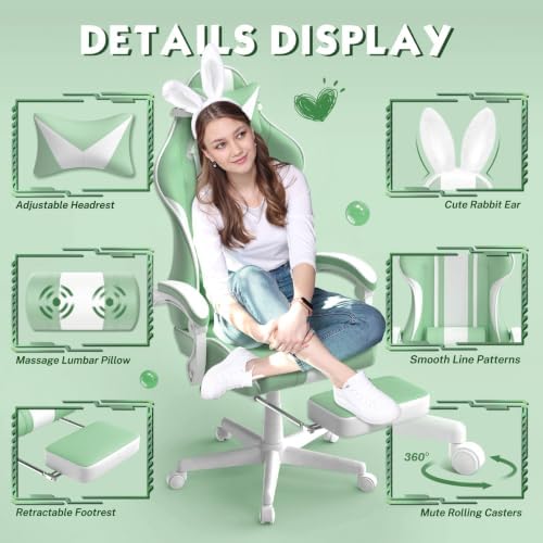 Ferghana Kawaii Grass Green Gaming Chair with Bunny Ears, Ergonomic Cute Gamer Chair with Footrest and Massage, Racing Reclining Leather Computer Game Chair 250lbs for Girls Adults Teens Kids