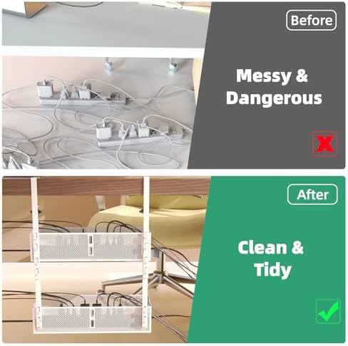 Multi-Model Under Desk Cable Management Tray 2 Packs Metal Under Desk Wire Management Clamp Mount Under Table Cord Management No Damage The Desk (White)