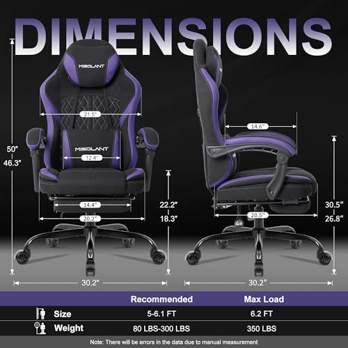 Misolant Gaming Chair, Fabric Gamer Chair with footrest for Adults, High Back Ergonomic Computer Game Chair with Adjustable Headrest and Massage Lumbar Support, 90-155° Recline Free, Purple