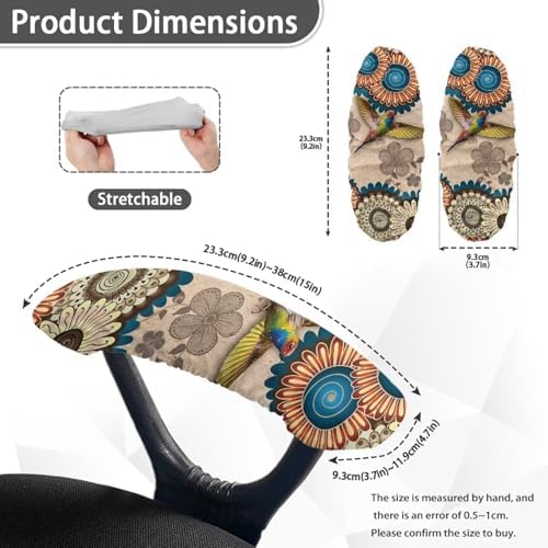 2 Pack Office Chair Armrest Covers, Hummingbird Print Desk Chair Armrest Covers Boho Mandala Flower Print Game Chair Armrest Covers, Non Slip Stretchy Game Chair Arm Covers, Brown